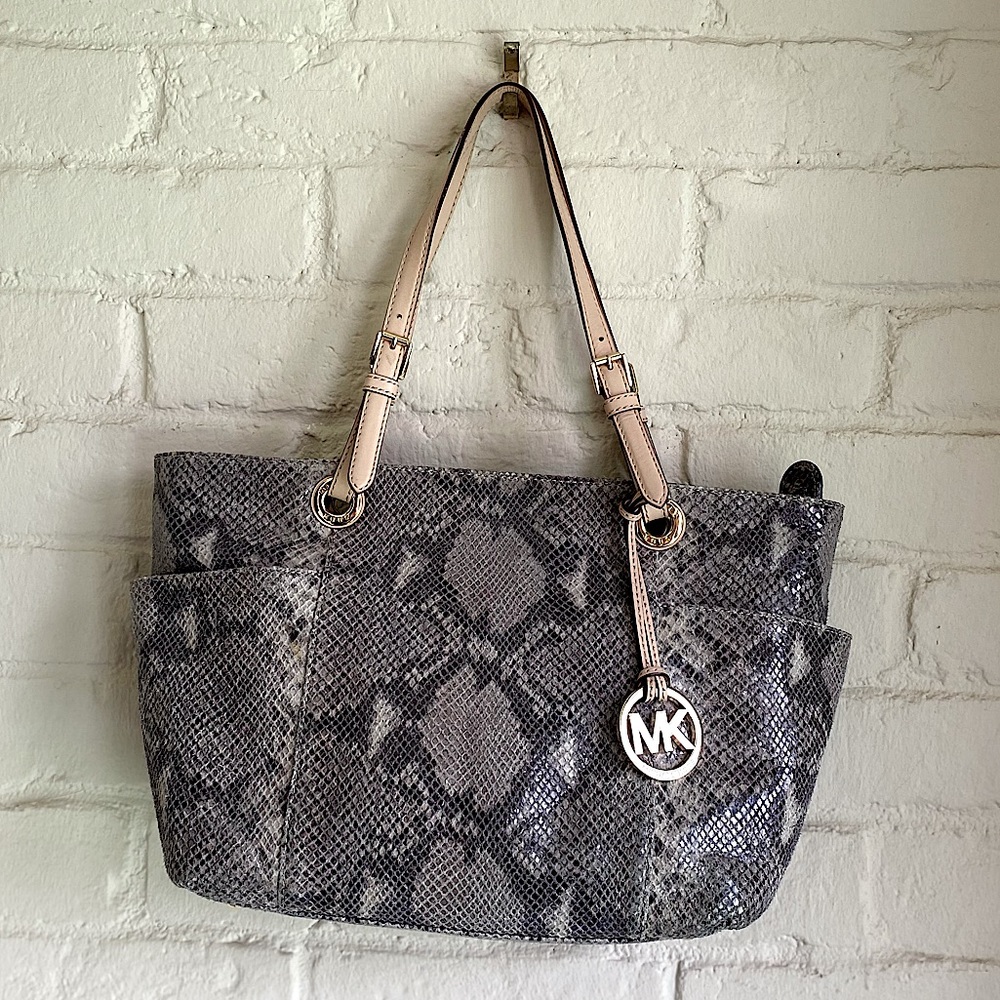 Michael Kors vintage aligator skin type tan beige gold tote bag purse